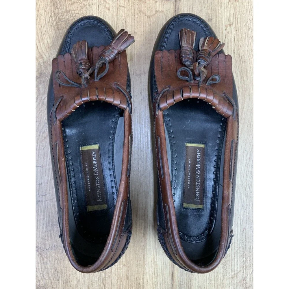 Johnston & Murphy Men’s Boat Deck Kiltie Tassel Loafers Black Brown Leather 10 M